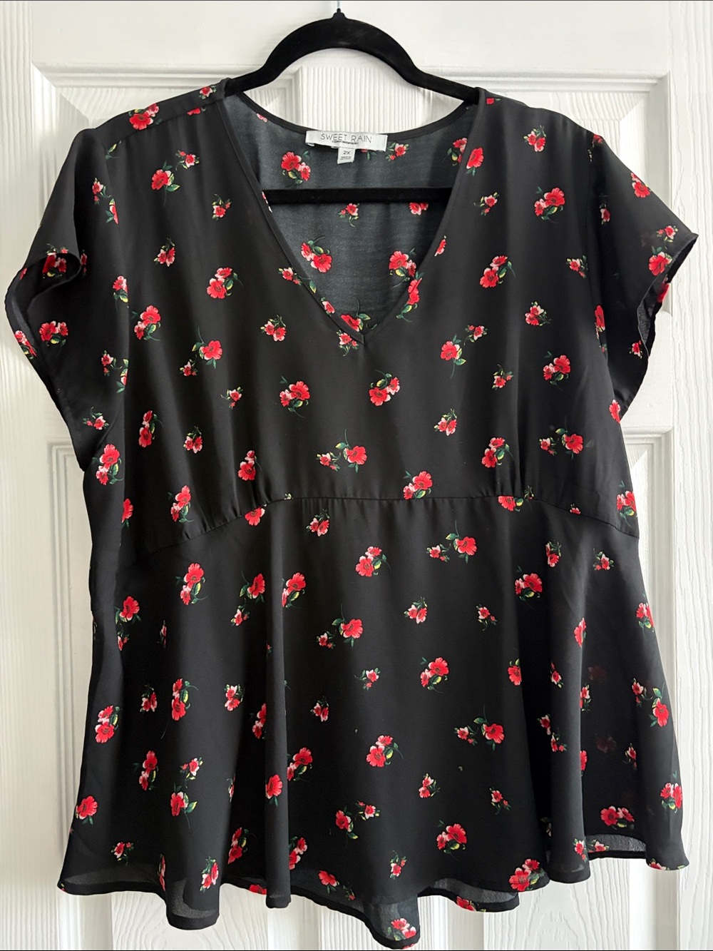 Sweet Rain Black V-Neck Peplum Top with Delicate Red Floral Print, 2X